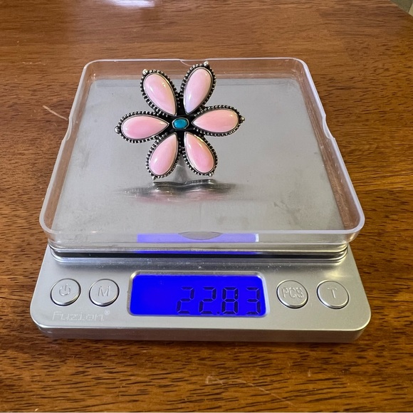 Queen Conch & Kingman Turquoise Flower Statement Ring 925 Sterling Silver | 8.5 - Picture 15 of 15